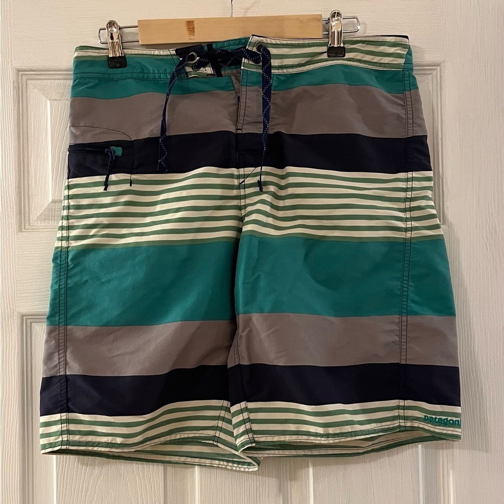 Patagonia Board Shorts Mens 32 Blue, Teal, & Grey Striped Swim Trunks
